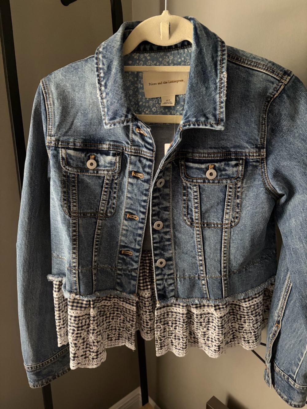 Pilcro and the Letterpress Light Blue Denim Jacket with Lace Hem